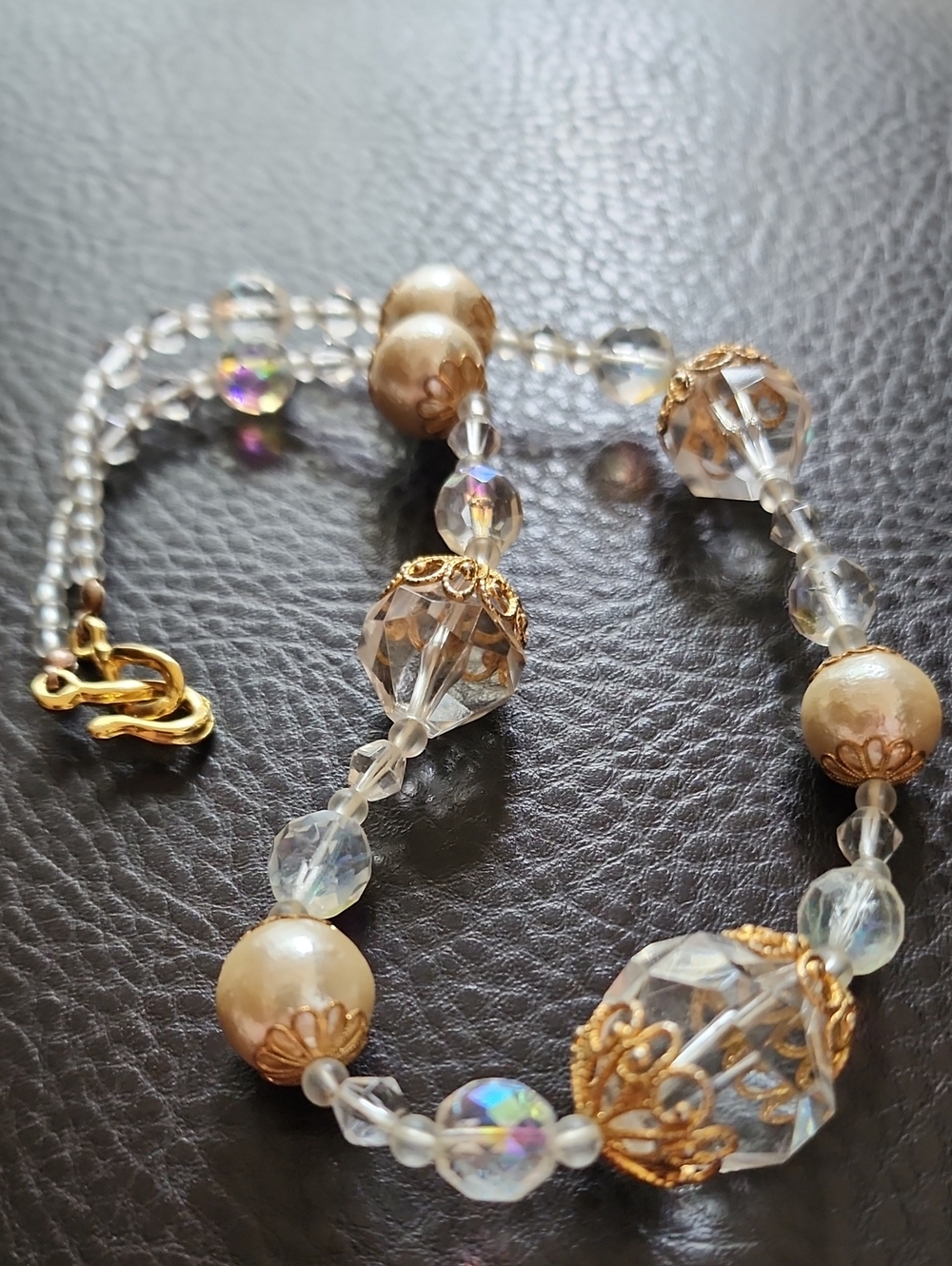 Elegant Gold-Accent Crystal and Pearl Necklace - Clear and Gold/Plastic
